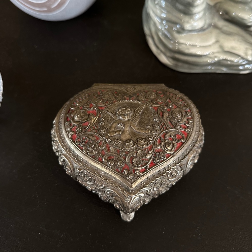 Vintage Heart Trinket Box Silver Tone Cherub Angel Roses Red Velvet Made Japan